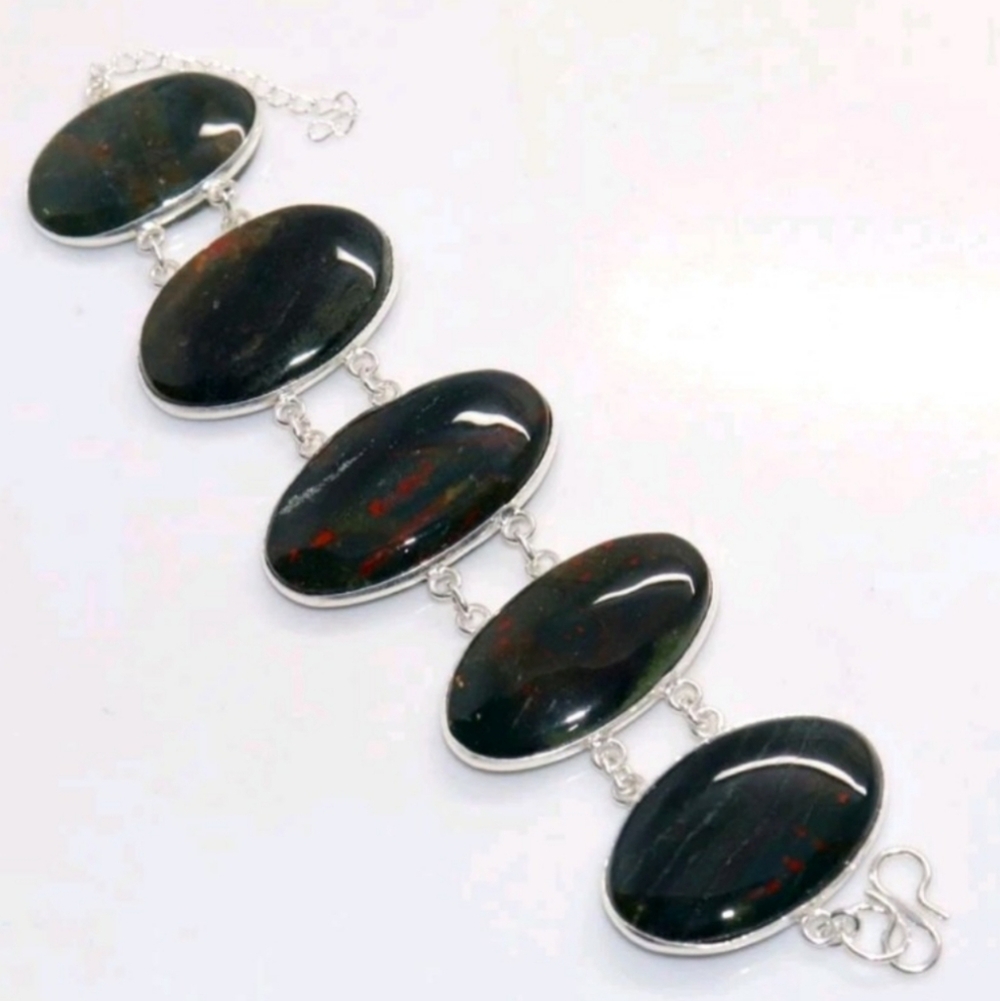 Bloodstone Gemstone 925 Sterling Silver Handmade Bracelet
